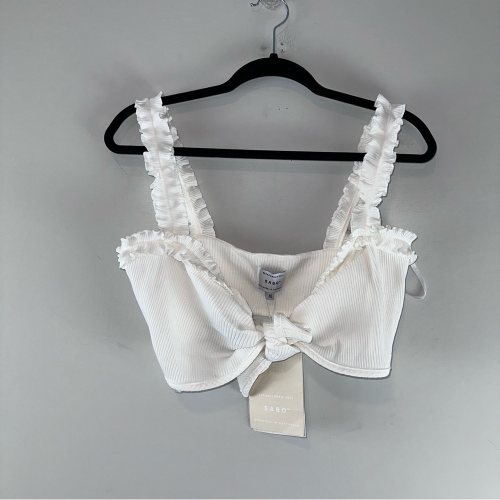 Sabo Skirt White Ruffle Tie-Front Ribbed Crop Top